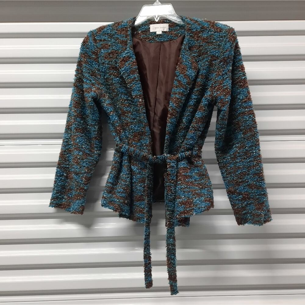 Erin London Jacket Women's Medium Brown Blue Long Sleeve Fuzzy Belted Blazer